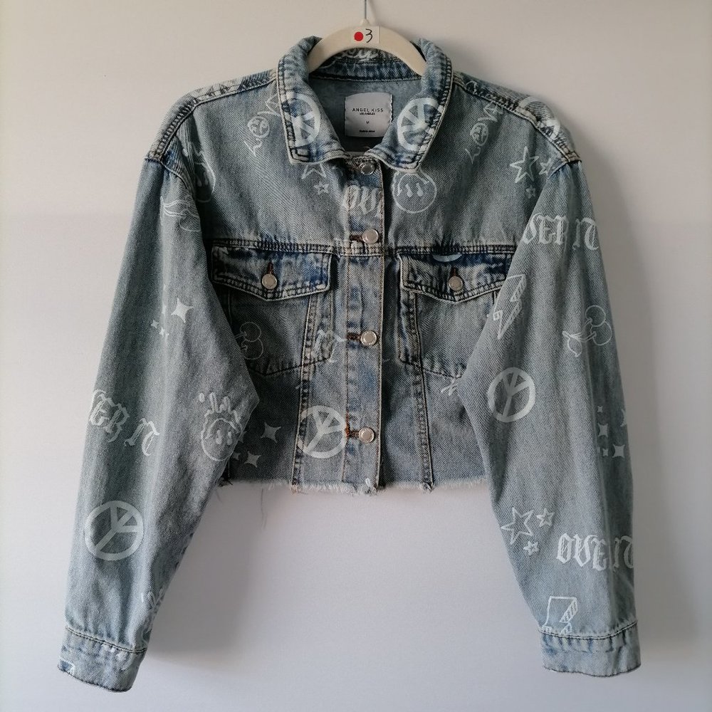 Angel Kiss Los Angeles Stone Blue Graphic Cropped Denim Jeans Jacket Size M